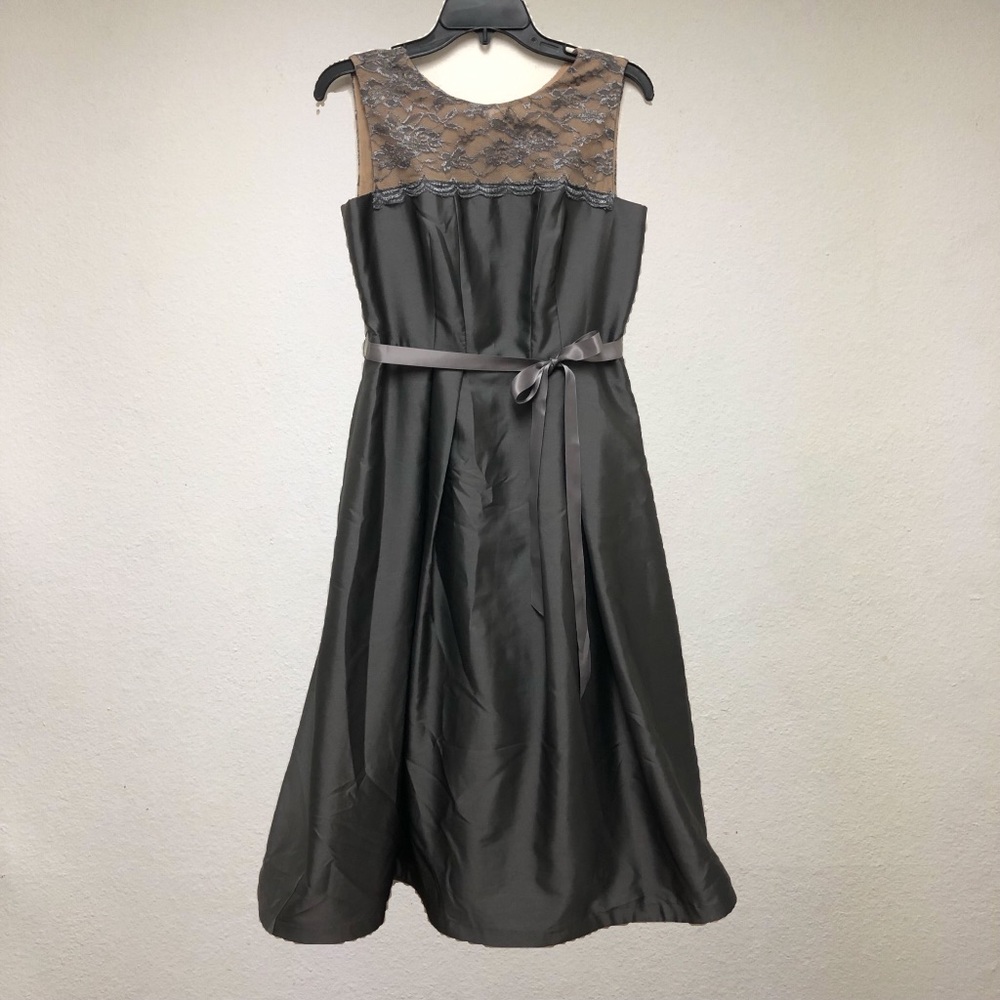 Alex Evenings Grey Gown 4 Midi Ribbon Tie Lace Mesh Top Sleeveless Fit and Flare